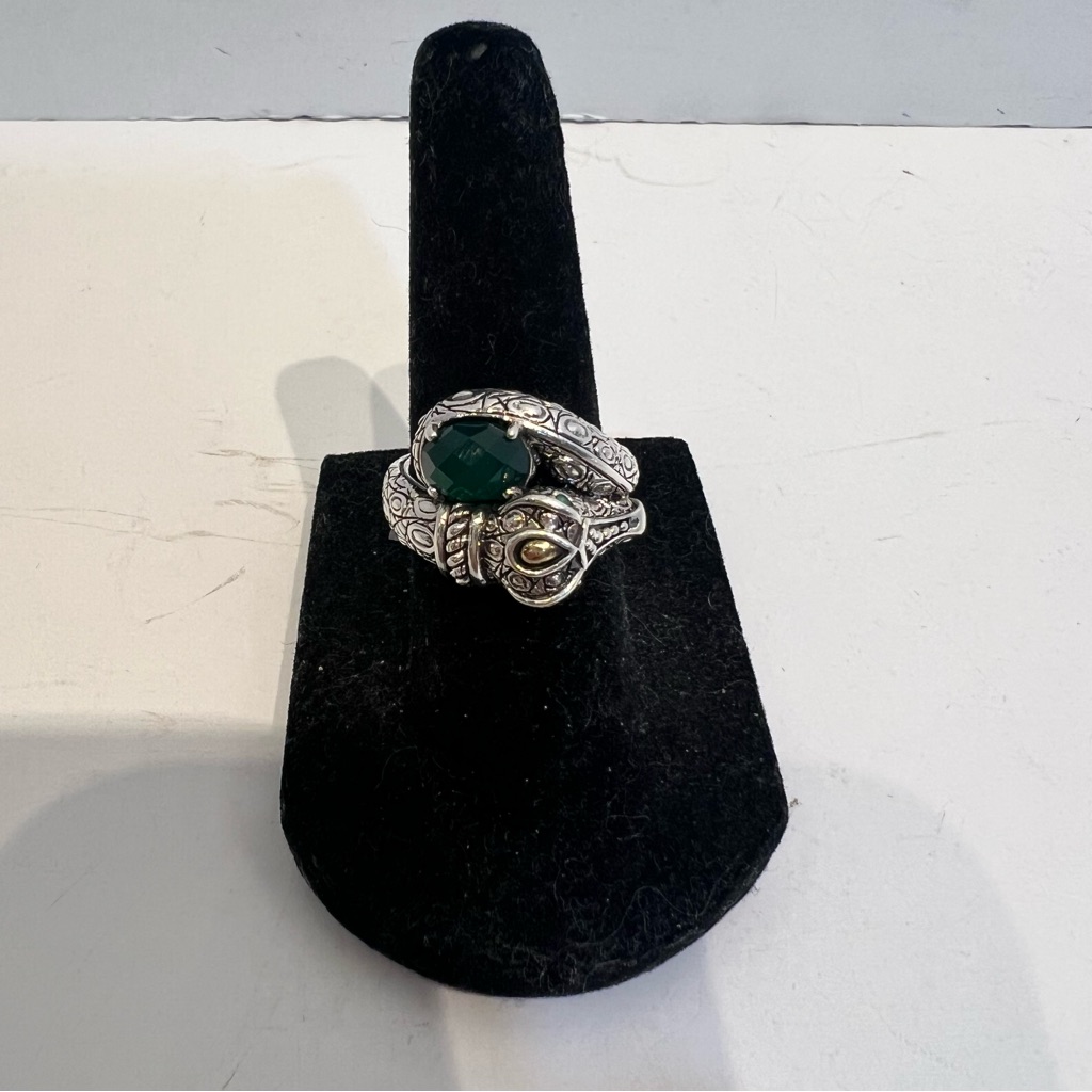 John Hardy Jai Spiral Sterling & 14k Gold Crocodile Ring W/ Green Stone Size 6